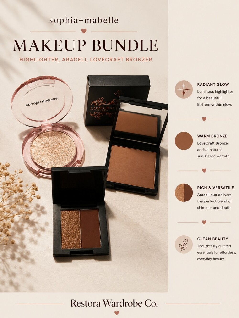 Makeup Bundle: Sophia + Mabelle Highlighter, Araceli, Lovecraft Bronzer